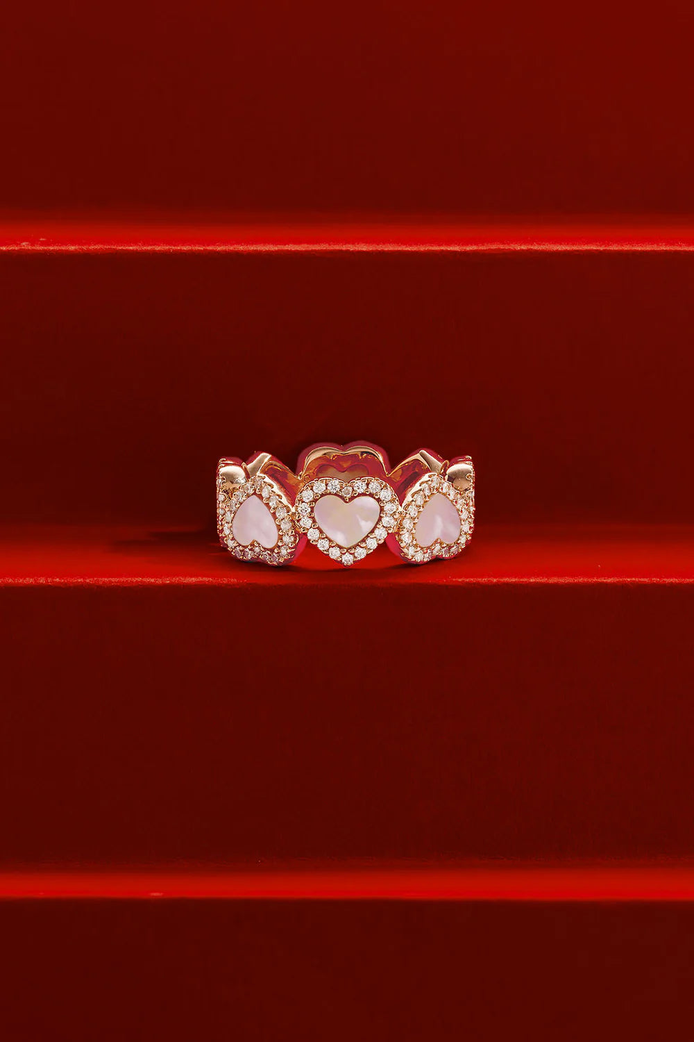 Pavé Pink Nacre Chain Heart Ring 8K Rose Gold Plated