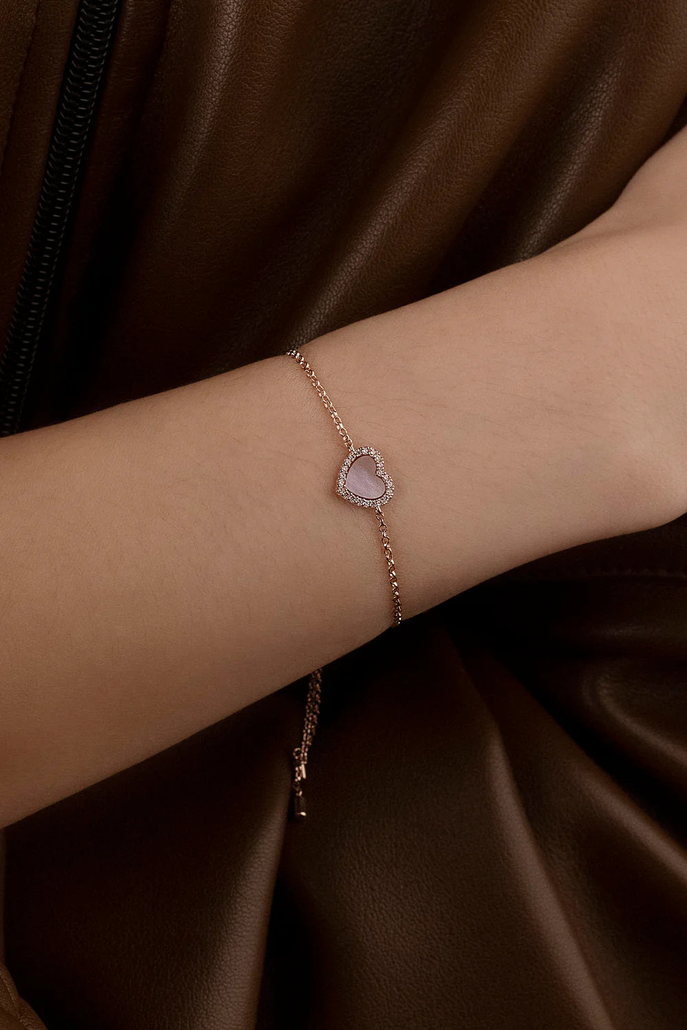 Pink Nacre Heart Adjustable Bracelet 18K Rose Gold Plated