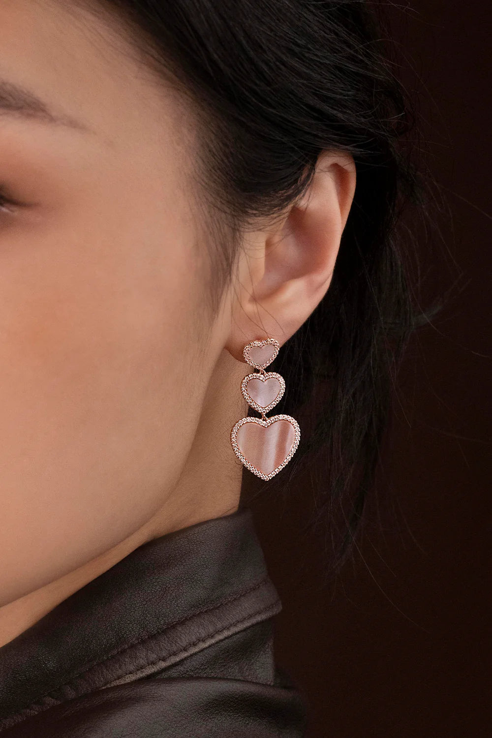 Pink Nacre 3 Heart Earrings 18K Rose Gold Plated
