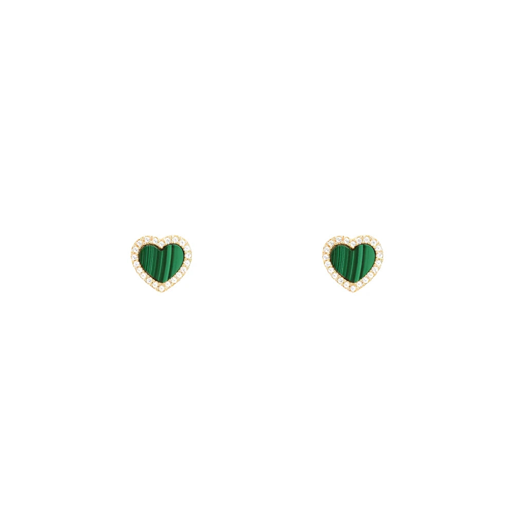 Malachite Heart Stud Earrings 18K Yellow Gold Plated