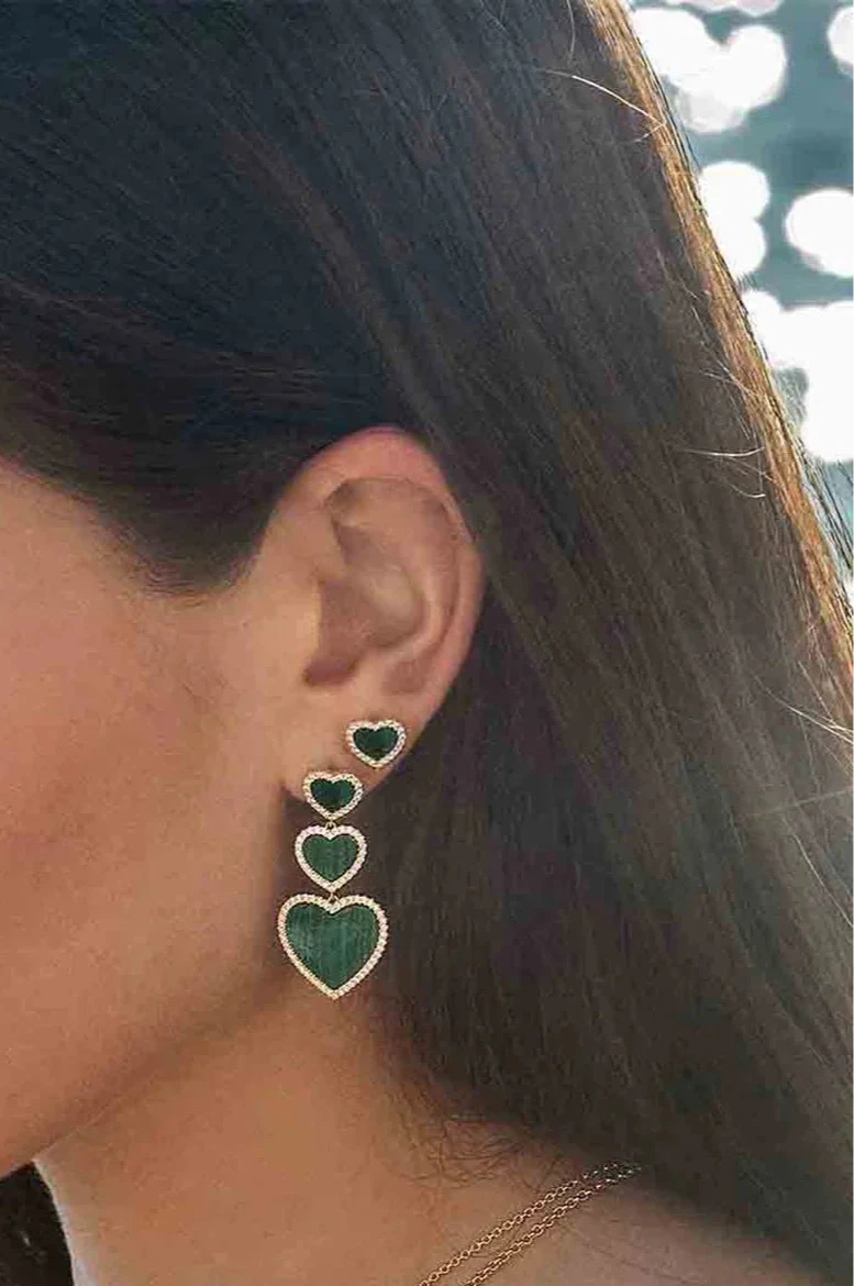 Malachite Heart Stud Earrings 18K Yellow Gold Plated