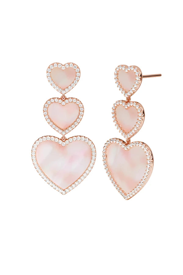 Pink Nacre 3 Heart Earrings  18K Rose Gold Plated