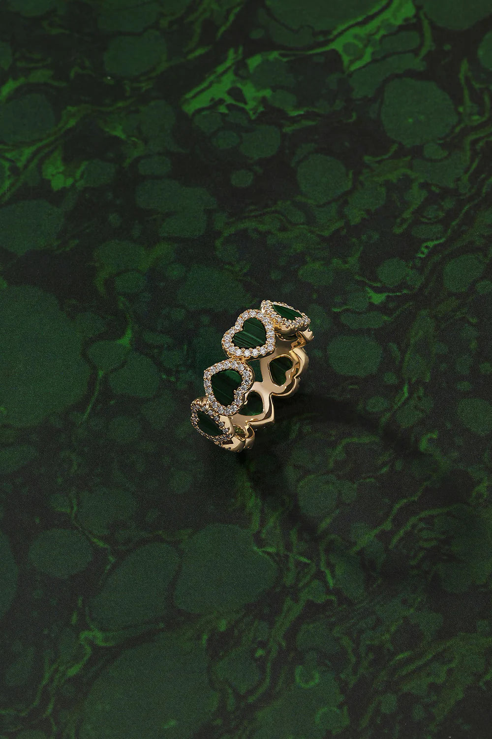Malachite Chain Heart Ring  18K Yellow Gold Plated