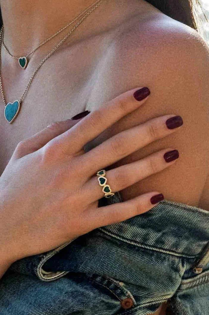 Malachite Chain Heart Ring  18K Yellow Gold Plated