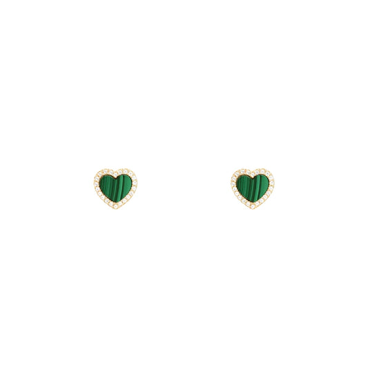 Malachite Heart Stud Earrings  18K Yellow Gold Plated