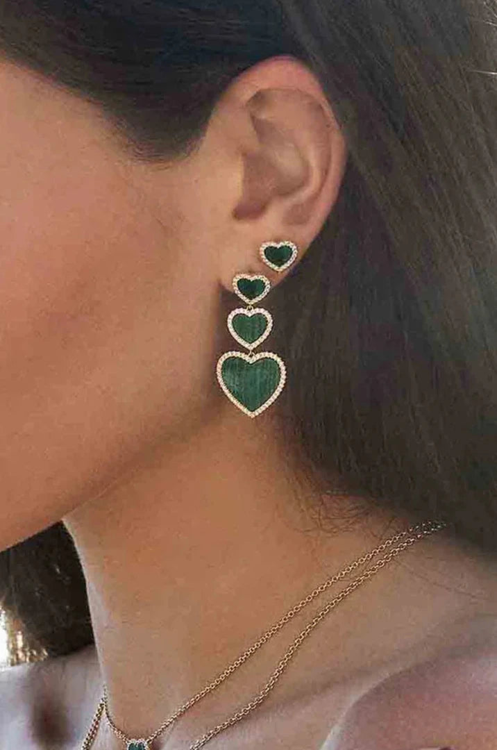 Malachite 3Heart Earrings 18K Yellow Gold Plated