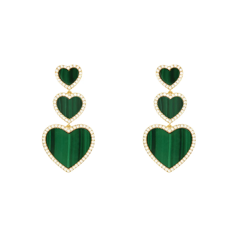 Malachite 3Heart Earrings 18K Yellow Gold Plated